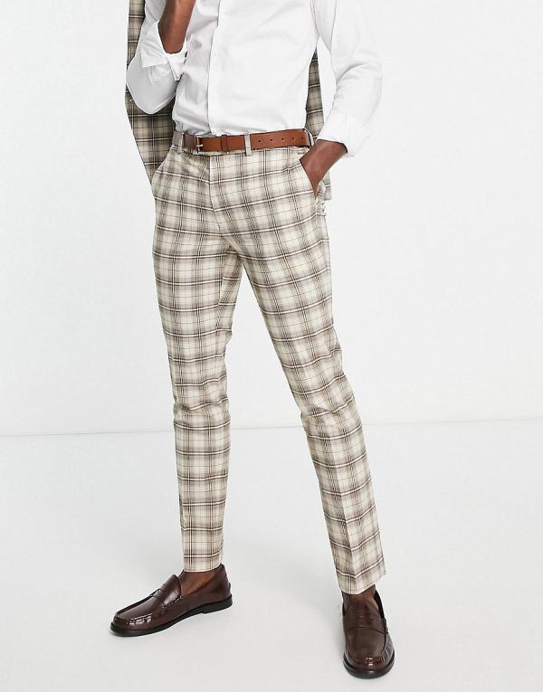 Topman check slim suit pants in tan-Brown