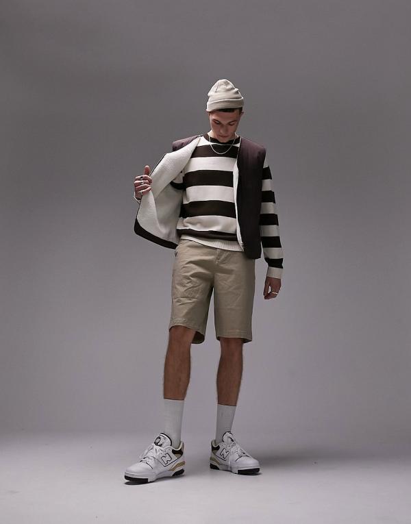 Topman classic stripe knitted crew neck jumper in ecru & brown-Multi