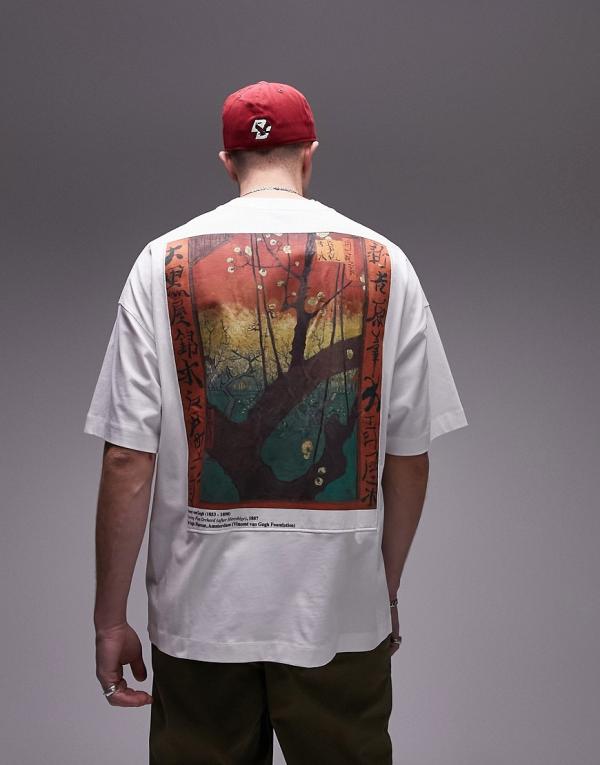 Topman extreme oversized fit t-shirt with Flowering Plum Orchard print in white in collaboration with Van Gogh Museum