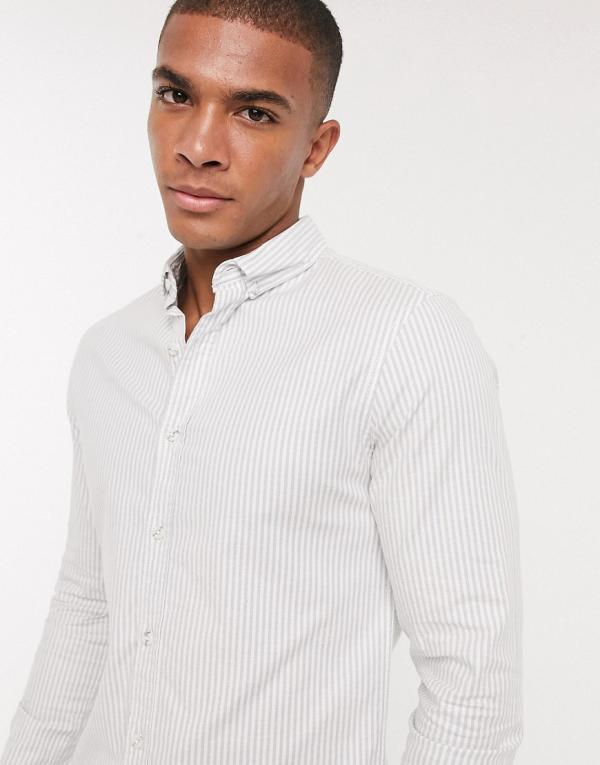 Topman long sleeve oxford shirt in grey & white pinstripe-Multi