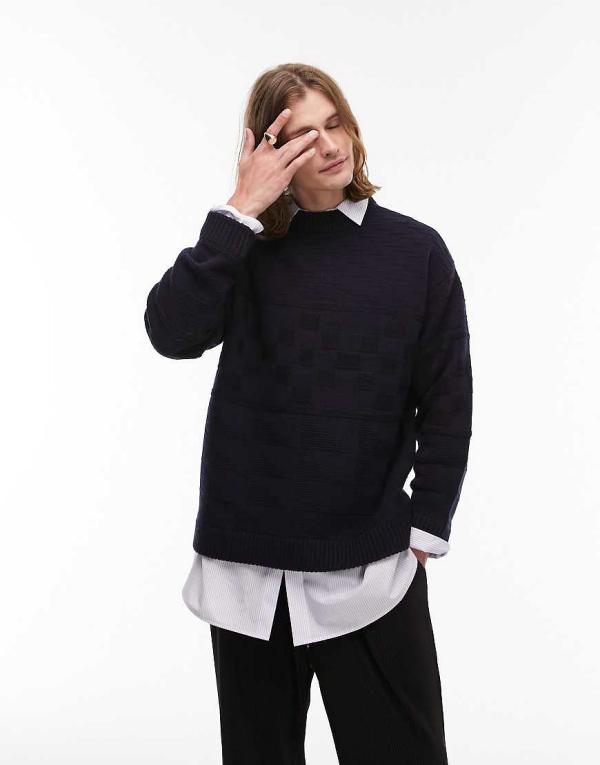 Topman mixed pattern crew jumper in navy