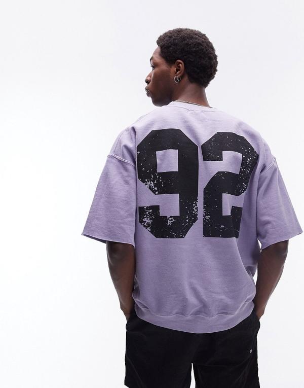 Topman oversized fit short sleeve sweatshirt with number print in washed lilac-Purple