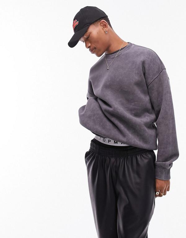 Topman oversized fit sweatshirt with acid wash in black-Grey
