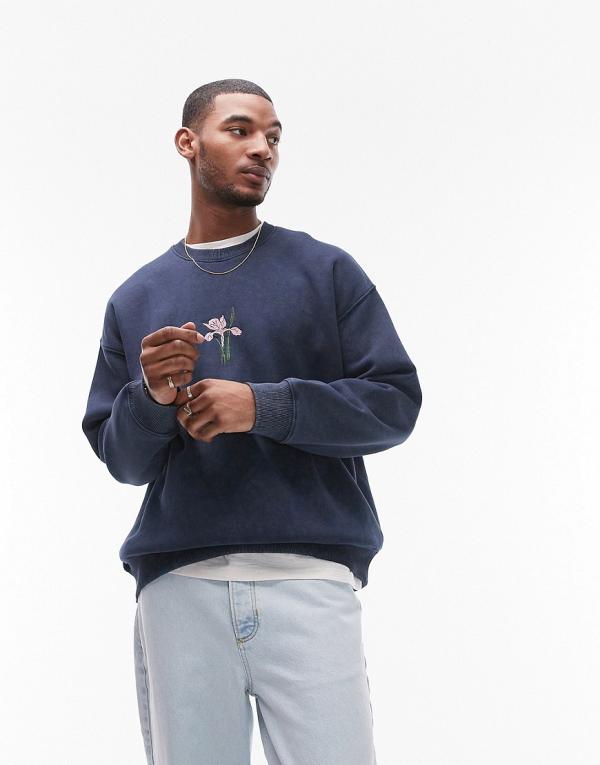 Topman oversized fit sweatshirt with floral embroidery in washed navy