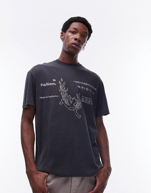 Topman oversized fit t-shirt with fallen angel print in washed black