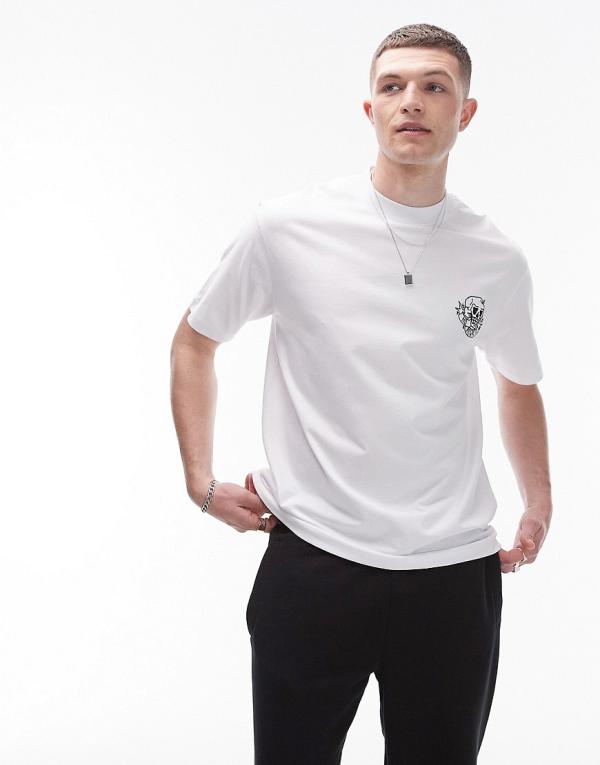 Topman oversized fit t-shirt with skull and words embroidery in white