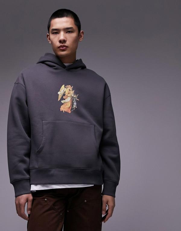 Topman oversized hoodie with angel chest print in charcoal-Grey