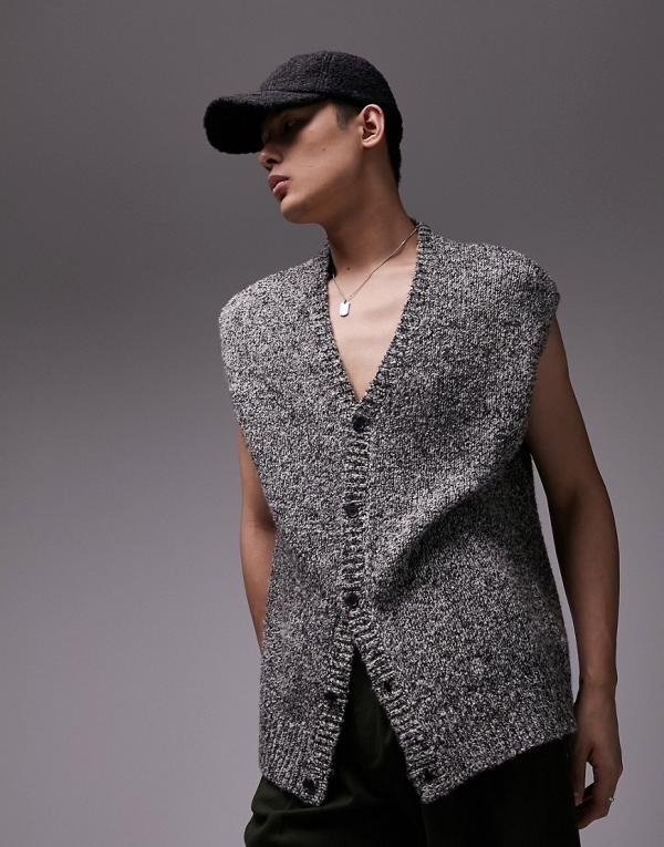 Topman oversized knitted button through singlet in grey marl-Black