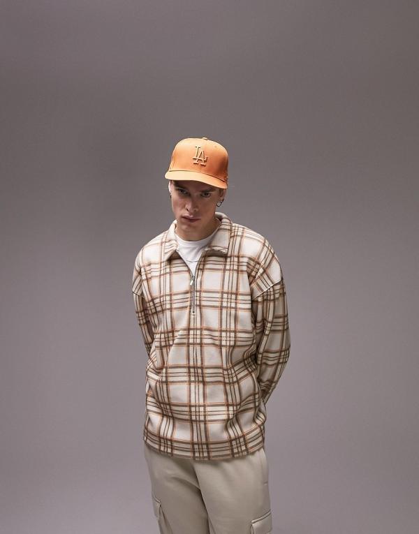 Topman oversized super soft brushed check polo in stone-Neutral