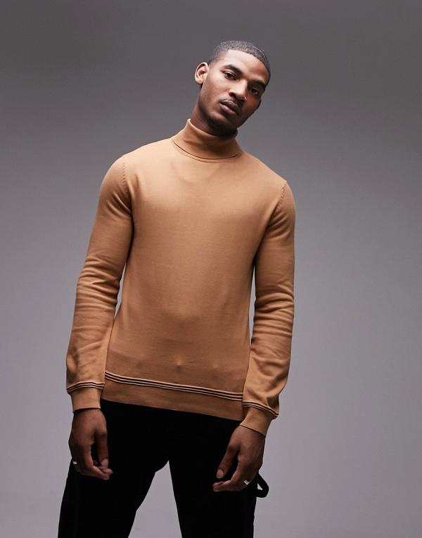 Topman roll neck jumper 2 pack in camel and black-Multi