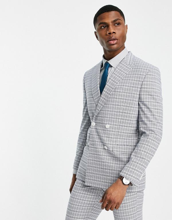 Topman skinny double breasted suit jacket in white and blue check