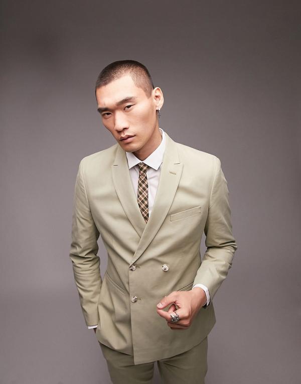 Topman slim double breasted suit jacket in light khaki-Green