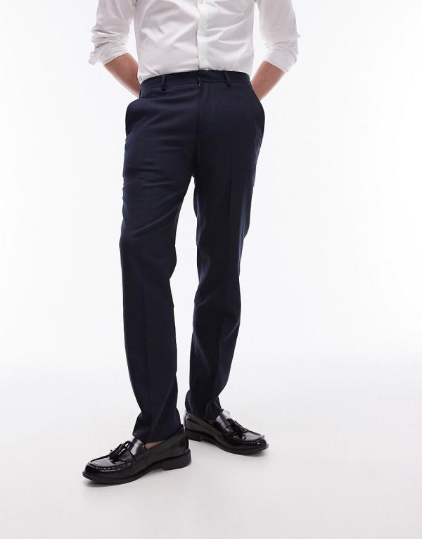 Topman stretch slim textured suit pants in navy