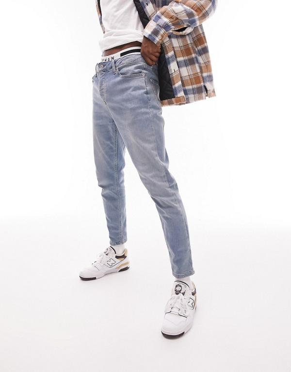 Topman stretch tapered jeans in light wash-Blue