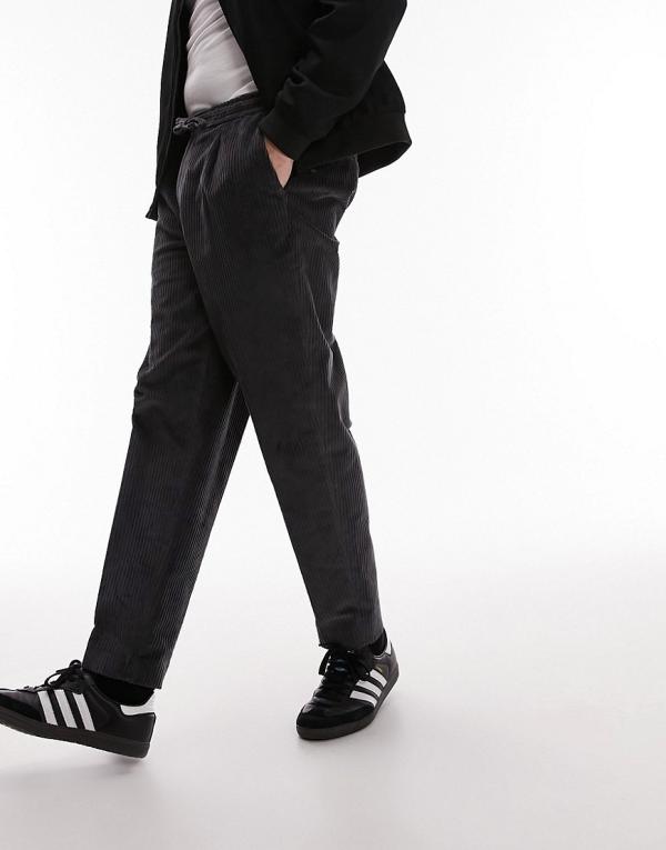 Topman tapered cord pants with elasticated waistband in charcoal-Grey