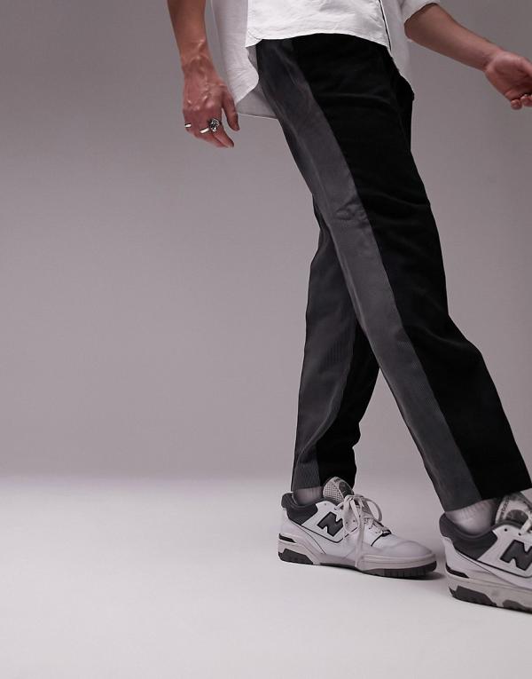 Topman tapered spliced cord pants in black and charcoal