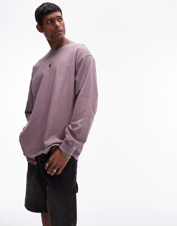 Topman vintage wash long sleeve t-shirt in lilac-Purple