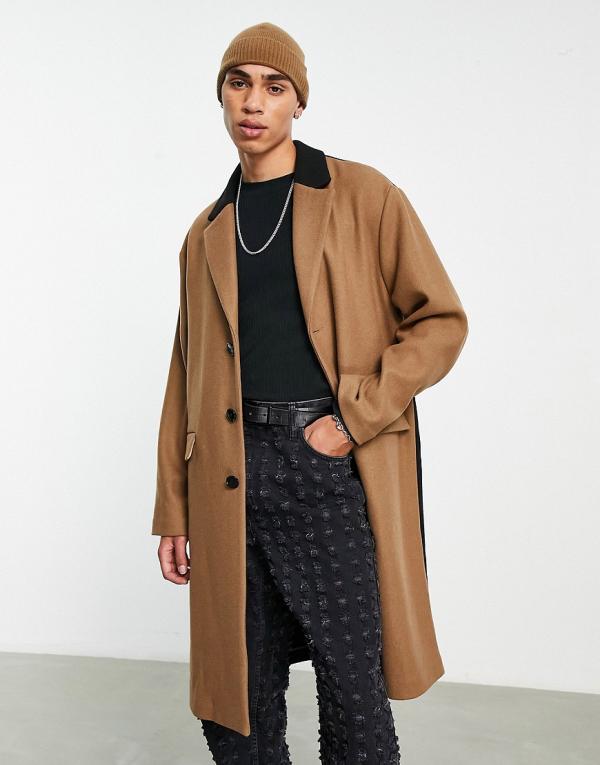 Topman wool blend unlined overcoat with colour block in stone and black-Multi