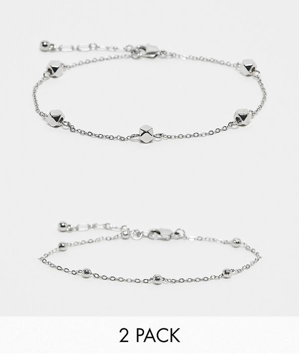 Topshop Ari pack of 2 anklets with ball chain in silver tone