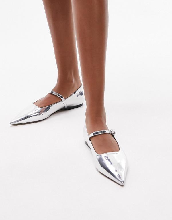 Topshop Ava pointed toe ballet flat shoes in silver