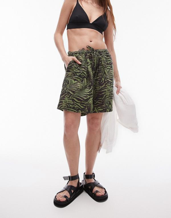 Topshop beach shorts in khaki zebra print-Green