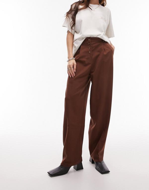 Topshop button fly suit pants in brown