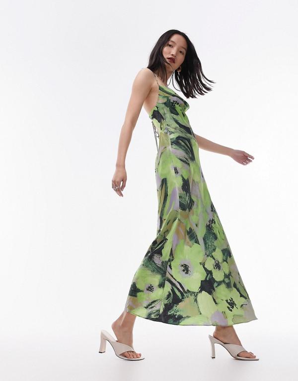 Topshop cami slip midi dress in green floral print