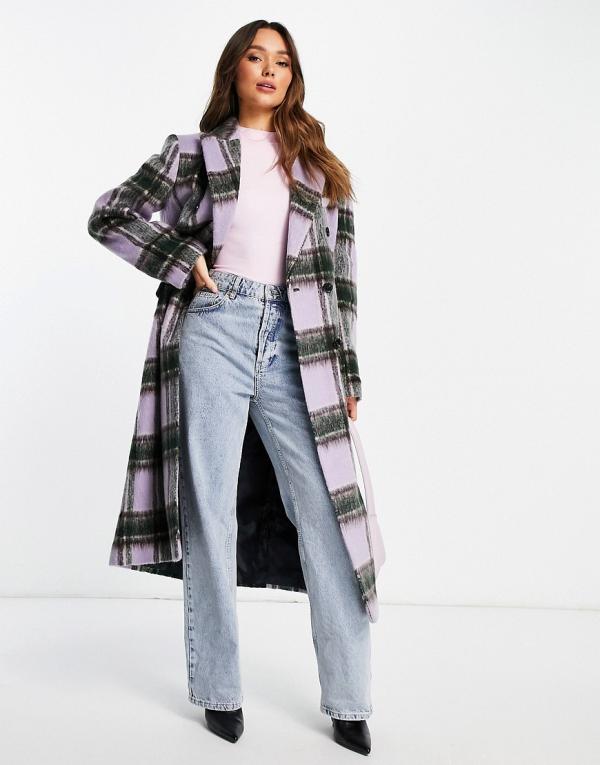Topshop check double breasted long coat in lilac-Purple