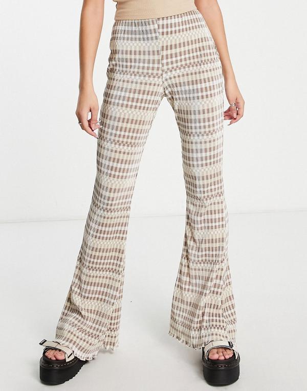 Topshop checkerboard print plisse flare pants in beige (part of a set)-Brown