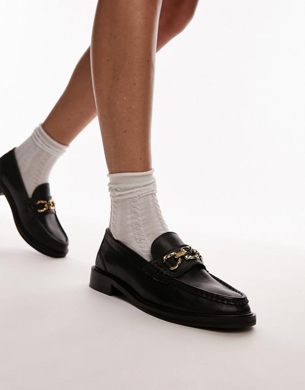 Topshop Cooper leather loafers with gold trim in black