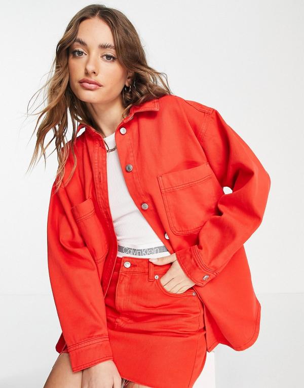 Topshop cotton denim shacket in red (part of a set) - RED