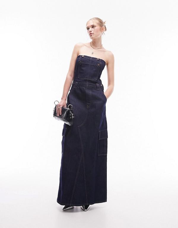 Topshop denim cargo dungaree dress in indigo-Blue