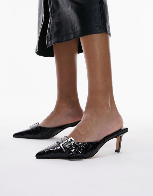 Topshop Eden buckle detail pointed mid heel court shoes in black croc