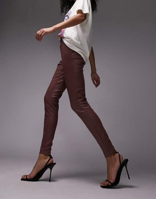 Topshop faux leather skinny pants in dark rose-Pink