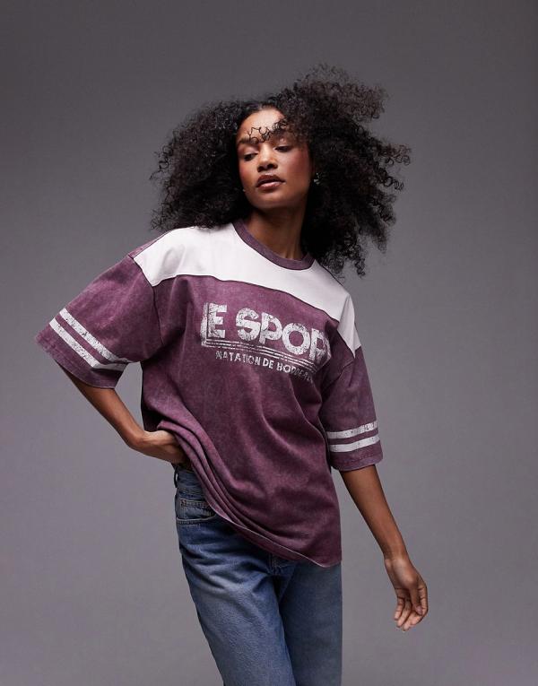 Topshop graphic Le Sport oversized tee in burgundy (part of a set)-Red