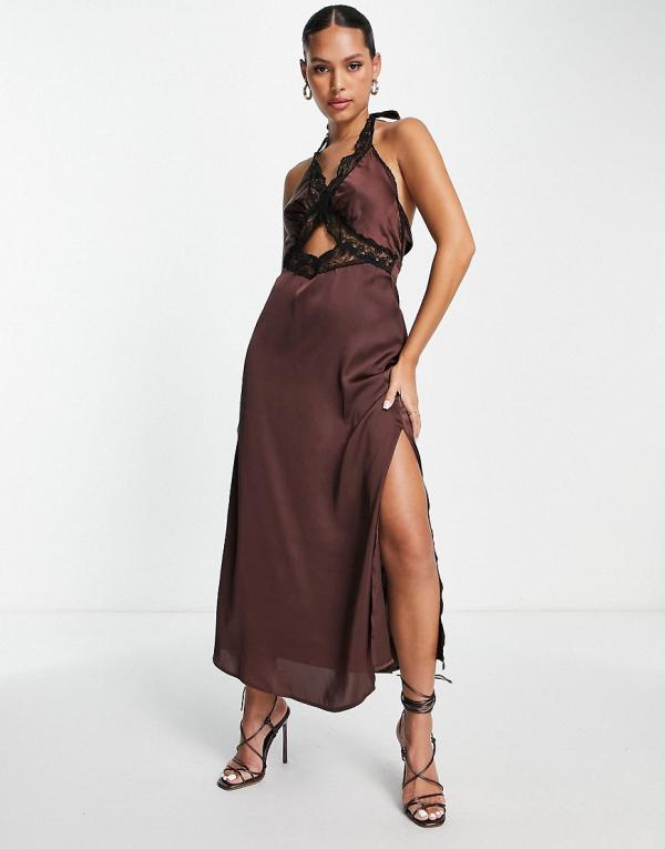 Topshop halter lace cut out satin midi slip dress in chocolate-Navy