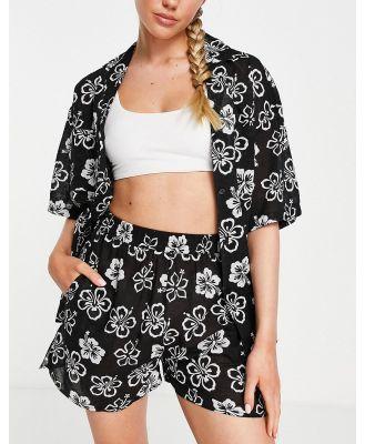 Topshop hawaiian floral print shirt and shorts beach resort set in monochrome-Multi