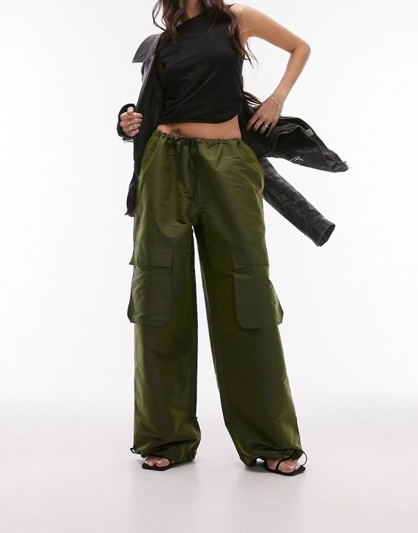 Topshop high shine oversized balloon parachute pants with pockets in khaki-Green