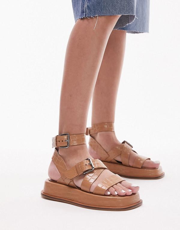 Topshop Jax leather chunky flat sandals with buckle in camel-Brown