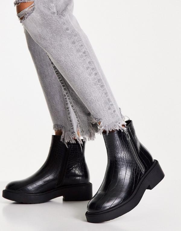 Topshop Kai zip side flat boots in black