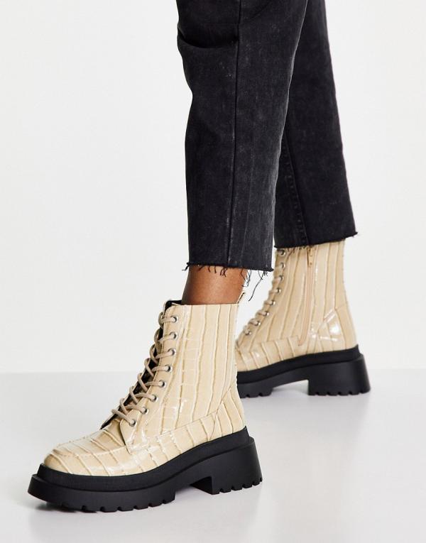 Topshop Kara chunky croc lace up boots in off white