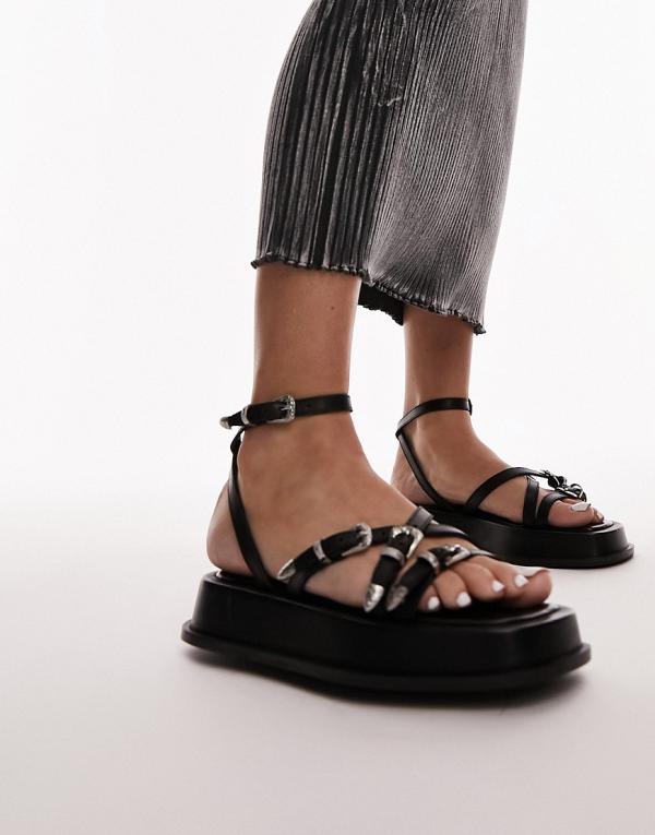 Topshop Kayla leather strappy sandals with buckle detail in black