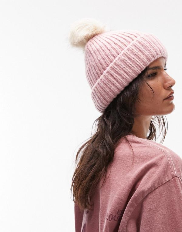 Topshop knitted faux fur pom pom beanie in dusky pink
