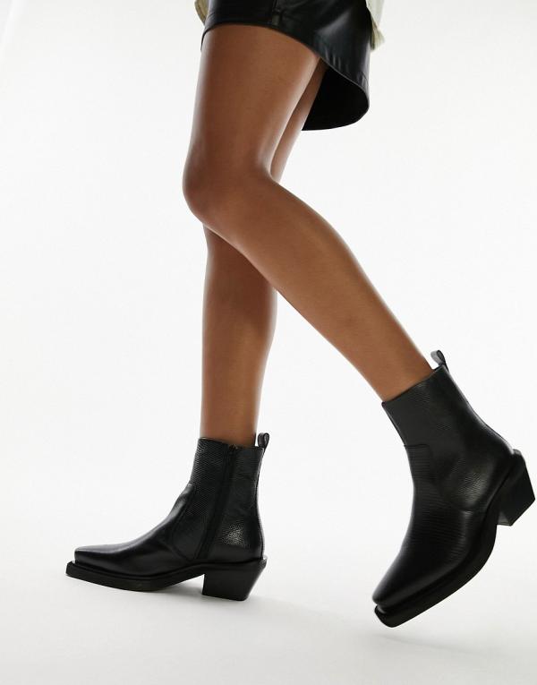 Topshop Lara leather western style ankle boots in black lizard-No colour