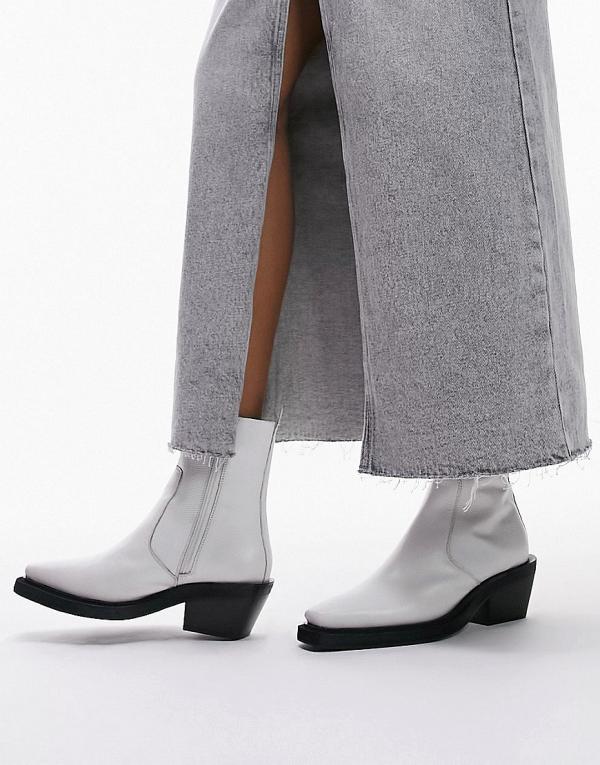Topshop Lara leather western style ankle boots in white lizard-Neutral