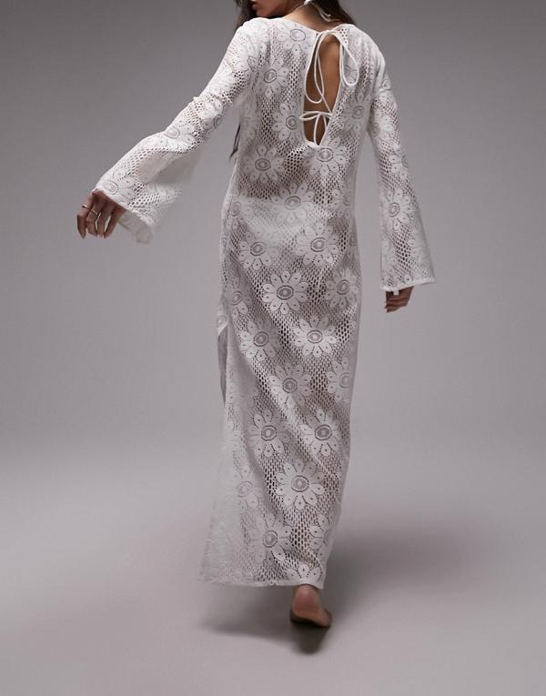 Topshop maxi lace beach dress in white-Neutral