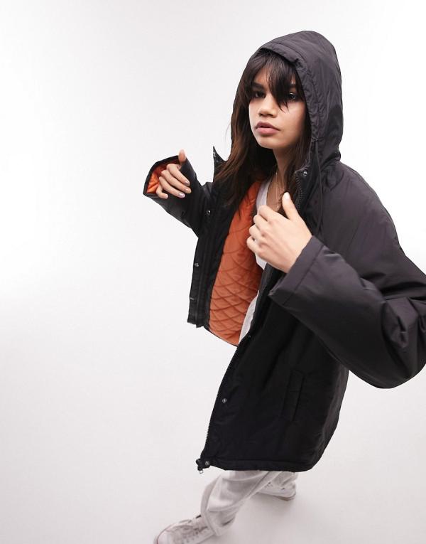 Topshop mid length hooded parka jacket in black