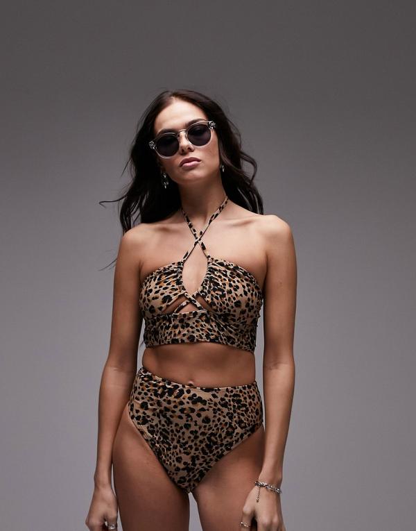 Topshop mix and match longline halterneck bikini top in leopard print-Multi