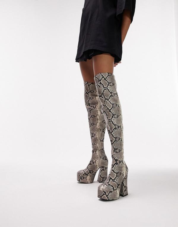 Topshop Myla platform knee high boots in snake-Multi