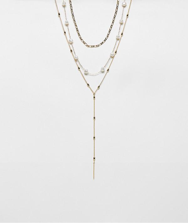 Topshop Nora pack of 3 pearl and lariat mixed necklaces in gold tone